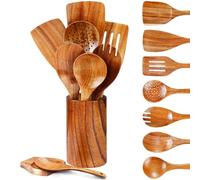 Pleafind Ustensiles de Cuisine Bois - Lot de 9, Cuillères de Cuisine avec spatule bois, cuillere en bois, louche, spatule à pâtes, cuillère de service, passoire, support