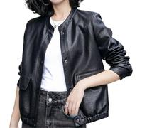 Pleather Veste bomber surdimensionnée en cuir à manches longues avec fermeture éclair et poches pour femme, Noir , 3XL