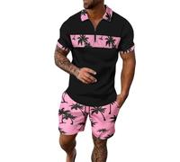 Plein d'Été Hommes Respirant Léger T Shirts Et Shorts Confortables Fitness grande taille Ensembles Sport Plage Vacances Combinaisons De Maison Coton Jogging Gym Vêtements Tenue, rose, M