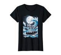 Pleine Lune de Wolf Lone Great Wave T-Shirt Graphique avec Valeur, Femme, Noir, L