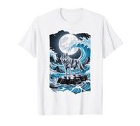 Pleine Lune de Wolf Lone Great Wave T-Shirt Graphique avec Valeur, Homme, Blanc, XL