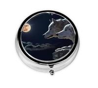 Pleine Lune Loups 3D Cette petite boîte à pilules ronde imprimée est un organisateur portable de pilules et de vitamines, parfait pour les poches, les sacs à main et les voyages.