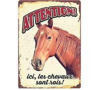 Plenty Gifts - Plaque Rétro en Fer-Blanc | 'Attention! Ici les Chevaux son Rois!' | 21x14.8 cm | Décoration Murale Pour l'Intérieur et l'Extérieur