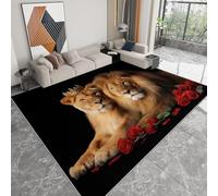 Pliable Tapis Lion Animal Fleurs de Rose beauté Sauvage Modèle pour Salon 80 x 150cm, Noir D'éveil Lavables avec Dos Antidérapant Tapis à Poils Courts pour Salle à Manger Bureau Filles Garçons