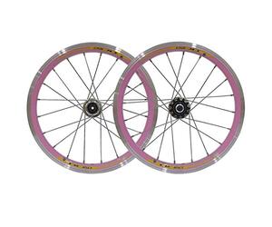 Pliant Ensemble Roues Vélo 16 Pouces Roue Bicyclette Avant Arrière Frein V 20 Trous Simple-11 Vitesses Centre Jante Double Couche Libération Rapide(Pink)