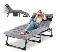 Pliant réglable Lit de Camp Pliable 1 Personne, fauteuils inclinables matelas double face avec oreiller, portable,Camping Lit D'appoint 1 Personne Bande A + Coussinet gris pierre Taille unique