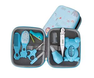 PLIC CARE - Trousse de Soin Bébé Bleue - Dès la Naissance - 9 Essentiels de Soin - Thermomètre Rectal, Thermomètre de Bain, Peigne, Brosse, Lime, Mouche Bébé… - Kit Complet de Puériculture