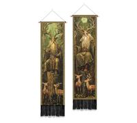 PLIGREAT 2 paquet de Tapisserie Murale Vintage Tapisserie Murale Verticale Longue Représentant des Cerfs de la Forêt Ornée de Pompons Idéale pour la Chambre le Salon la Salle de Bain la Maison