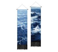 PLIGREAT 2 paquet de Tapisserie Océan Mer Bleue Étroite à Suspendre Verticalement avec Pompons Peinture à L'Huile Tapisserie Murale Océan pour Longue Tenture Murale Cadeau de Pendaison de Crémaillère
