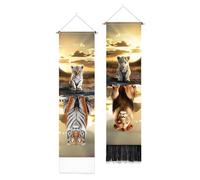 PLIGREAT 2 paquet de Tapisserie Verticale Lion Tigre Tapisserie Murale Esthétique Bébé Tigre avec Pompons Longue et Étroite pour Chambre à Coucher Salon Décoration D'Intérieur