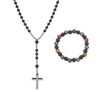 PLIGREAT 2 Pcs Chapelet Collier Beacelet Set pour Hommes Femme Tourmaline Noire Perles Chapelets Beacelet Collier avec Crucifix Pendentif Prière Croix Collier Cadeaux D’Anniversaire pour Maman Papa