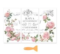 PLIGREAT 3 feuilles rose floral frottement sur transferts pour bricolage motifs décoratifs rétro meubles frotter sur autocollants pour décor de garde-robe meubles anciens rénovation décor