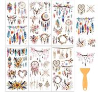 PLIGREAT 6 feuille de Transfert de Style Tribal pour L'Artisanat Autocollants de Transfert de Meubles Attrape Rêves Bohèmes Imperméables à Plumes Colorées pour Décoration de Bureau de Table
