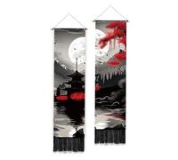 PLIGREAT Lot de 2 Tapisserie longue et étroite de la forêt de montagne, Silhouette Style Paysage Loft Tenture murale verticale avec glands Tapisserie murale esthétique pour chambre à coucher Salon