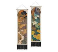 PLIGREAT Lot de 2 tapisserie Murale de Style Mucha Tenture Murale avec Pompons Représentant un Étang de Lotus une Nature une Montagne Ou Rivière pour Décoration D'Intérieur Tapisseries Colorées
