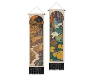 PLIGREAT Lot de 2 tapisserie Murale de Style Mucha Tenture Murale avec Pompons Représentant un Étang de Lotus une Nature une Montagne Ou Rivière pour Décoration D'Intérieur Tapisseries Colorées