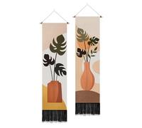 PLIGREAT Lot de 2 tapisseries murales verticales bohèmes à suspendre au mur, vintage, bohème, décoration murale avec pompons, esthétique botanique, tapisserie longue et étroite pour salon