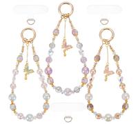 PLIGREAT Lot de 3 breloques de téléphone en perles pour femme, dragonnes de téléphone en forme de papillon en cristal avec dragonne, joli porte-clés détachable avec languette d'attache