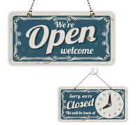 PLIGREAT Panneau décoratif vintage avec motif Ouvert Fermé avec horloge Bienvenue veuillez entrer Désolé nous vous avons manqué Panneaux pour entreprise de détail décoration murale à suspendre bleu