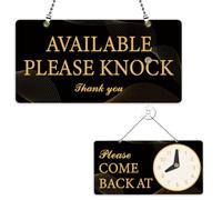 PLIGREAT Panneau « Please Knock », panneau classique « Please Come At » - Décoration murale à suspendre avec chaîne - Double face - Avec horloge ronde - Noir et doré