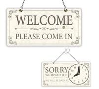 PLIGREAT Panneau rétro double face ouvert fermé avec horloge « Welcome Please Come In Sorry We Missed You » pour entreprise, magasin, fenêtre, décoration murale, panneau de porte avec chaîne, blanc