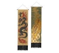 PLIGREAT Tapisserie Murale Verticale Décorative à Motif Dragon et Tigre Style Traditionnel Chinois avec Pompons Idéale pour la Décoration de la Chambre du Salon Ou de la Maison 130 x 33cm
