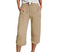 Plissee Hose Damen 7/8 - Pantalon Fluide Femme Été Grande Taille Corsaire Chic Pants avec Deux Poches Pant À Lacets Pantacourt Couleur Pure Pantalons Tissu Plissé Double Épaisseur Pantalon