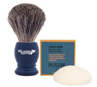 Plisson - Lot Savon à Barbe Traditionnel 100% Naturel et Blaireau de Rasage Classique Poil Nature Gris Haute Qualité - Fabrication Française
