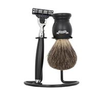 Plisson - Set de Rasage Essentiel - Coffret Cadeau 3 Pièces pour Homme - Blaireau Poils Gris de Russie, Taille 12 Standard + Rasoir Mach3 + Serviteur Laiton Chromé - Fabrication Française