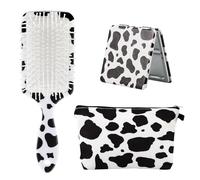 PLKDJDM Lot de 3 brosses à cheveux imprimées vache avec miroir portable et trousse de maquillage, brosse démêlante, peigne de massage antistatique, brosse à cheveux pour tous les types de cheveux