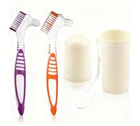 PLKDJDM Lot de 3 brosses à dents pour dentier avec trou unique, pas facile à mouler, étui de transport blanc, poils multicouches avec poignée ergonomique en caoutchouc pour le nettoyage de voyage
