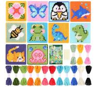 Pllieay Kit de Broderie 10-en-1 pour Enfants, Kit de Point de Croix pour Débutants, comprend 10 Toiles en Plastique avec Motif, 15 Fils, 5 Aiguilles à Tisser, Kit de Couture pour Débutants.