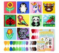 Pllieay Kit de Broderie au Point de Croix 10 en 1 pour Débutants, Kit de Point de Croix Facile pour Enfants, Inclut 10 Toiles en Plastique à Motifs Pré-imprimés, 16 Fils de Couleurs, Aiguilles