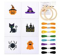 Pllieay Kit de broderie au point de croix d'Halloween pour débutants pour enfants de 7 à 13 ans, comprend 6 motifs de point de croix et 2 cerceaux, 8 écheveaux, kit de démarrage avec instructions