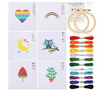 Pllieay Kit de broderie au point de croix pour enfants, comprend 6 motifs de point de croix et 2 cerceaux, 12 écheveaux, kit de couture avec instructions (français non garanti)