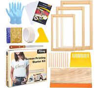 Pllieay Kit de démarrage de sérigraphie de 26 pièces, 3 cadres d'impression en bois de tailles différentes avec 110 mailles, raclettes de sérigraphie, film transparent jet d'encre, couteau d'encre,