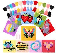 Pllieay Kit de point de croix 10 en 1 pour enfants, comprend 10 modèles d'instructions, 10 toiles en plastique et 14 fils colorés pour travaux d'aiguille