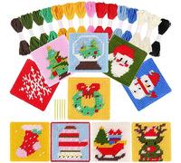 Pllieay Kit de point de croix de Noël 10-en-1 pour enfants, 10 motifs différents et toiles en plastique imprimées pour travaux d'aiguille, ensemble de couture de point de croix pour débutants