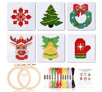 Pllieay Kits de débutant au point de croix de Noël pour les enfants de 7 à 13 ans, comprend 6 modèles de point de croix de projet et 2 cerceaux, 14 écheveaux de fil à broder