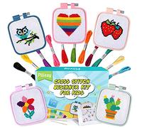 Pllieay Lot de 5 kits de broderie au point de croix pour enfants de 7 à 13 ans, comprend 5 cercles à broder carrés, 11 écheveaux
