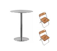 Pllrbvshs Table de Bar en Acier Inoxydable Ronde/Carrée avec 2 Chaises | Table de Bar Métallique Minimaliste pour Restaurant Bistro Patio, Montage Facile.(60cm/23.6in,Brown Chairs Set)