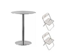 Pllrbvshs Table de Bar en Acier Inoxydable Ronde/Carrée avec 2 Chaises | Table de Bar Métallique Minimaliste pour Restaurant Bistro Patio, Montage Facile.(70cm/27.6in,Clear Chairs Set)
