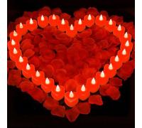 PLLYPE 24 bougies LED en forme de cœur romantique, bougies LED d'amour artificielles avec décoration de 2000 pétales de roses, Bougies Clignotantes pour fiançailles, demande en mariage, mariage
