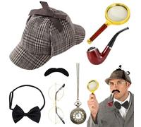 PLLYPE 7 Pièces Accessoires de Costume de Détective, 1920 Hommes Déguisements Accessoires, Costume de Détective Sherlock Holmes avec chapeau de détective, lunettes, loupe pour carnaval, cosplay, fête