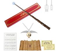PLLYPE Baguette magique Hermione Granger, baguette magique de 38 cm, baguette lumineuse pour sureau, baguette de sorcier, accessoire de déguisement d'Halloween avec collier de Vif de sort, table de