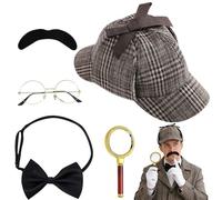 PLLYPE Ensemble d'accessoires de costume de détective Sherlock Holmes avec chapeau de détective, lunettes en métal, loupe, nœud papillon pour homme, barbe, accessoires de cosplay pour enfants, adultes