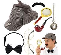 PLLYPE Ensemble d'accessoires de costume de détective Sherlock Holmes avec chapeau de détective, lunettes en métal, loupe, nœud papillon pour homme, barbe, accessoires de cosplay pour enfants, adultes