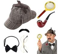 PLLYPE Ensemble d'accessoires de costume de détective Sherlock Holmes avec chapeau de détective, lunettes en métal, loupe, nœud papillon pour homme, barbe, accessoires de cosplay pour enfants, adultes