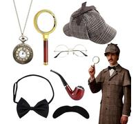 PLLYPE Lot de 5 accessoires de costume de détective Sherlock Holmes - Avec chapeau de détective - Lunettes en métal - Loupe mouche pour homme - Pour enfants, adultes, Halloween, carnaval, cosplay