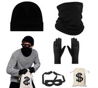 PLLYPE Lot de 5 costumes de voleur de banque, costume de voleur, costume d'intrus avec gants en coton noir, masque de voleur de banque, chapeau de voleur, sac à main, pour carnaval, cosplay, fête à